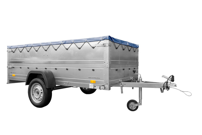 Enkeltakslet trailer Unitrailer GARDEN TRAILER 264 KIPP med BIS faldsider og blå flad presenning
